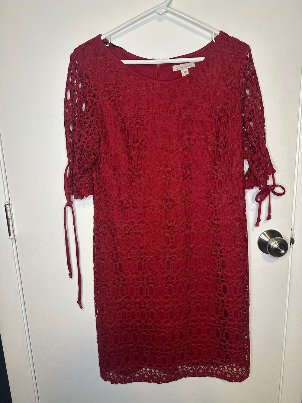 Dress Barn Burgundy Crochet Lace Midi Dress with Tie Sleeves